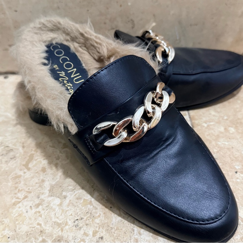 Coconuts by Matisse Black Mules with Faux Fur and Chain